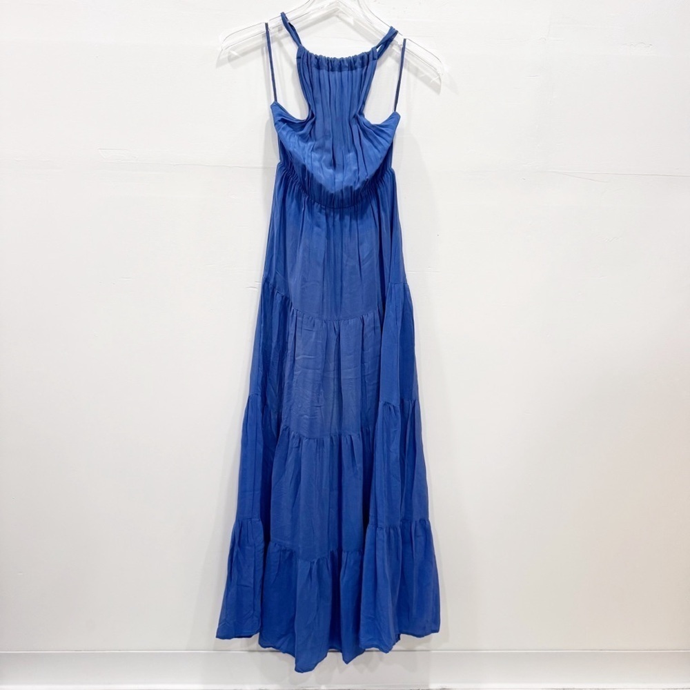 Anthropologie Line & Dot Silk Maxi Dress Tiered Halter Blue Small *flawed*